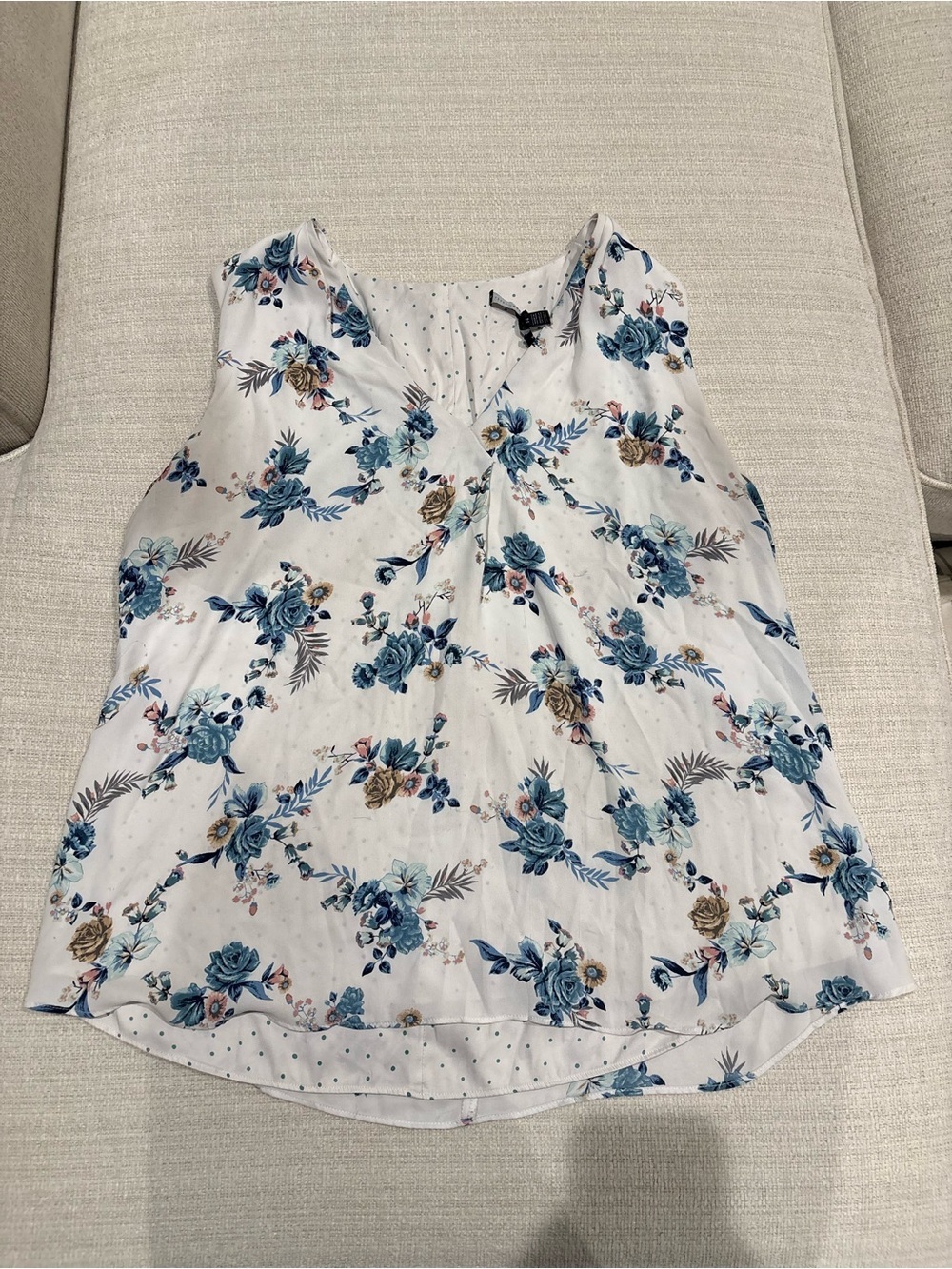 White House Black Market White Sleeveless V-Neck Top with Blue Floral Print